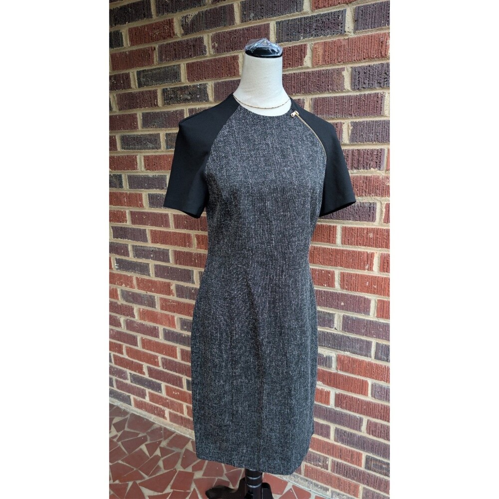 Donna Karan Midi Short Sleeve Tweed Sheath Dress- Black & White w/Gold Zip Small
